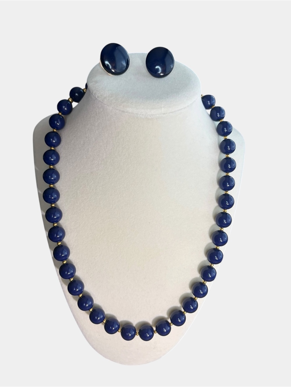 Vintage Classic Navy Blue Beaded Strand Necklace & Earring Set